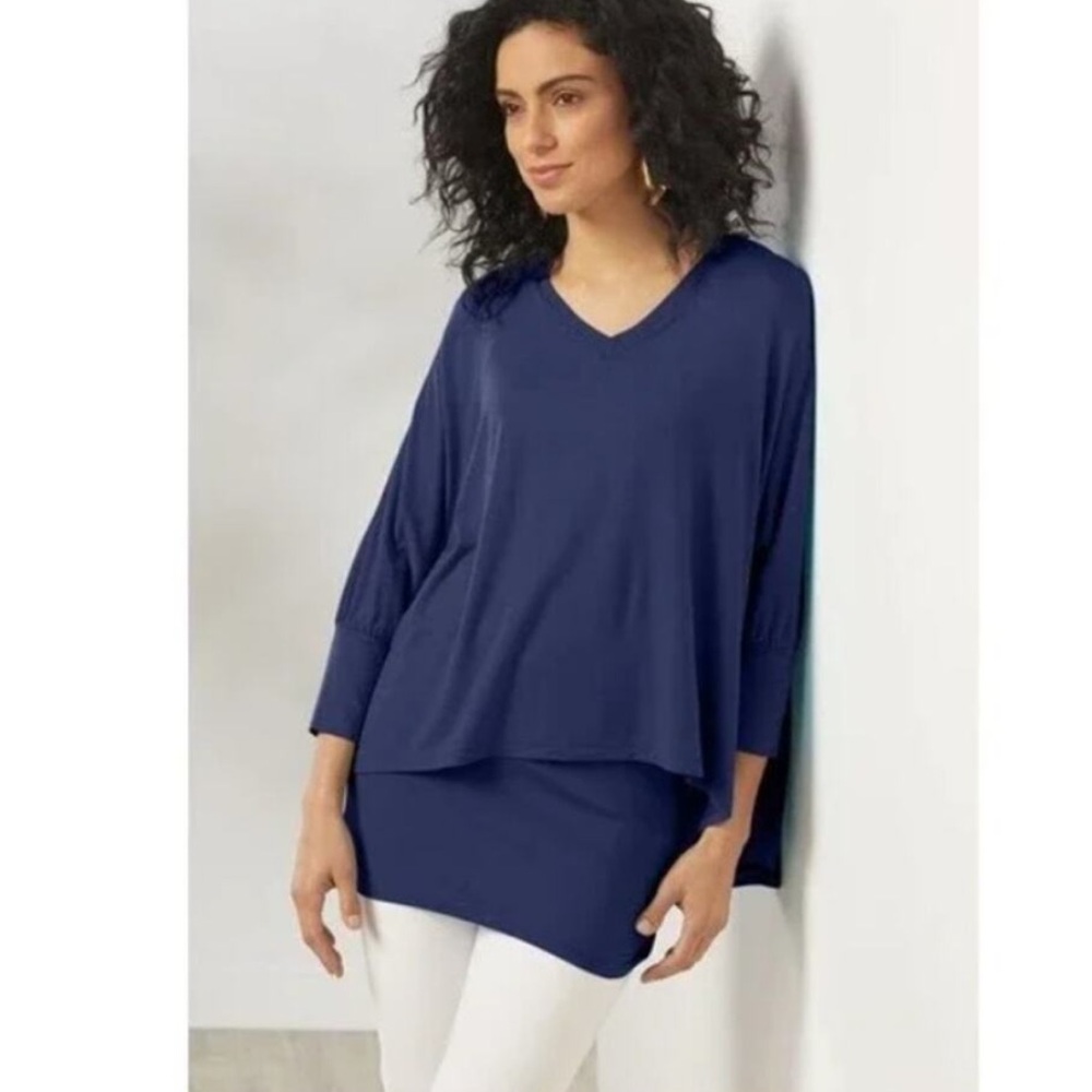 Soft Surroundings Indeevar Tunic Navy Blue Flowy V-neck Top W-992 Sz Large